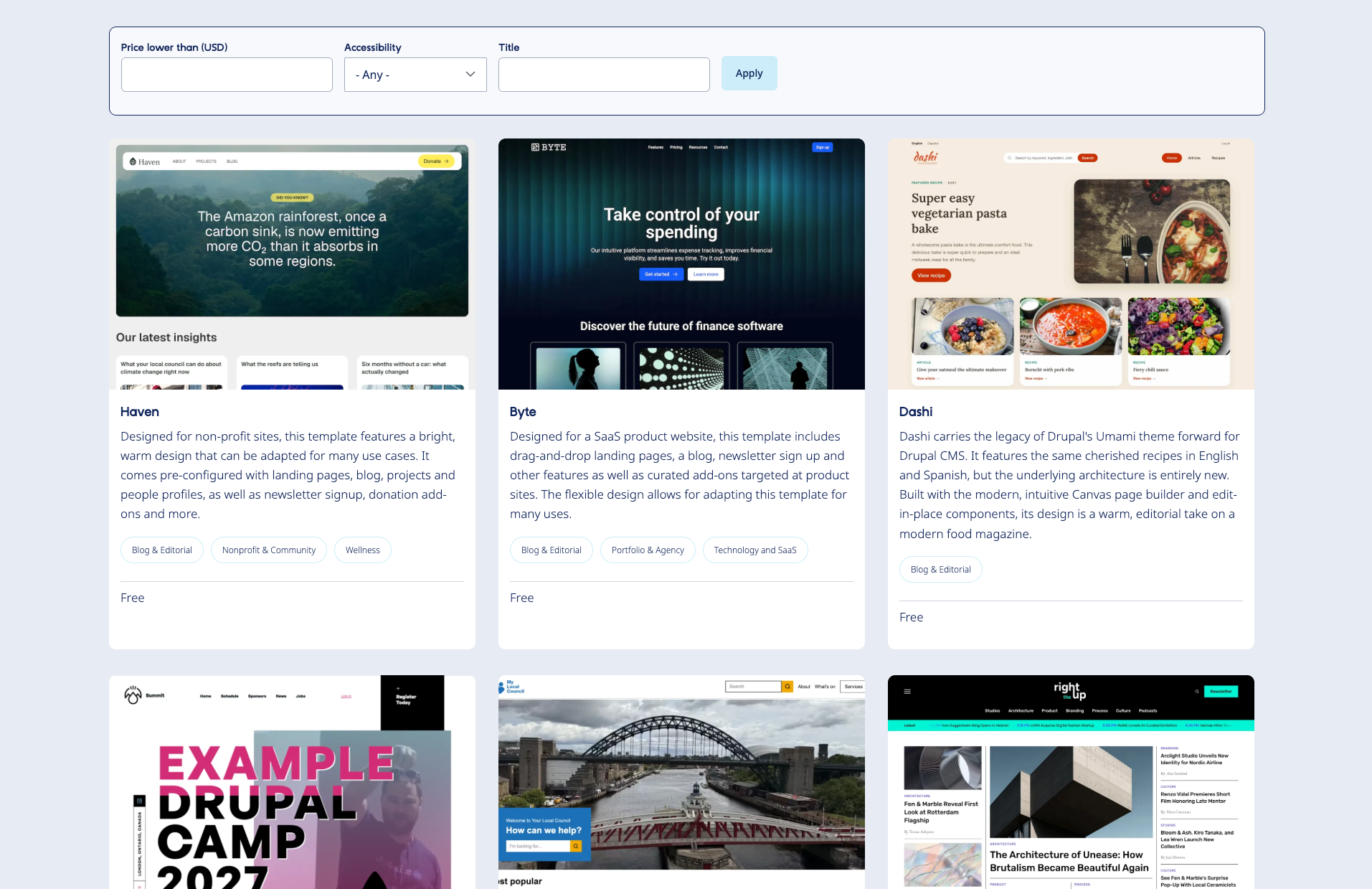 Screenshot van verschillende Drupal thema's