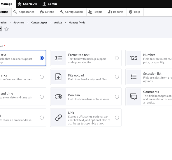 weergave van de vernieuwde admin interface sinds Drupal 11